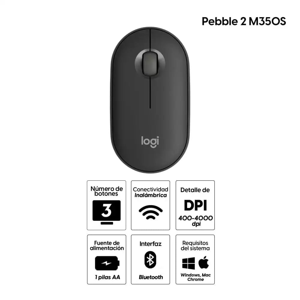Imagen 2 del producto Mouse inalámbrico Logitech Pebble 2 M350S bluetooth, 1000 dpi, 3 botones, usa pila, grafito (reempacado)