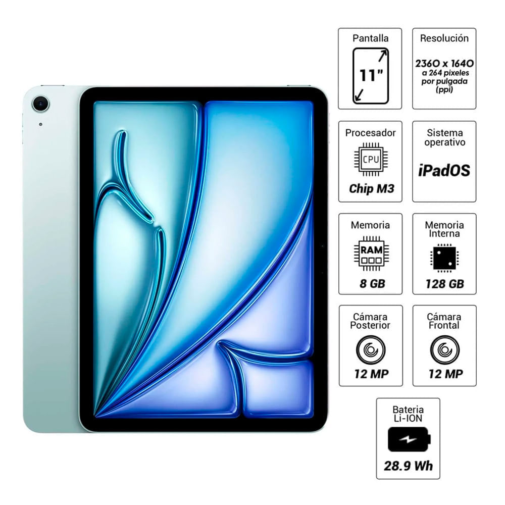 Imagen 2 del producto iPad Air 11"" 128GB, 8GB RAM, cámara principal 12MP y frontal 12MP, 28.9 Wh, Chip M3, azul + Pencil Pro