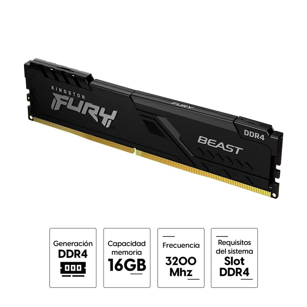 Imagen 2 del producto Memoria RAM Kingston Fury Beast 16GB (1x16GB), DDR4, 3200Mhz, CL14 (reempacado)