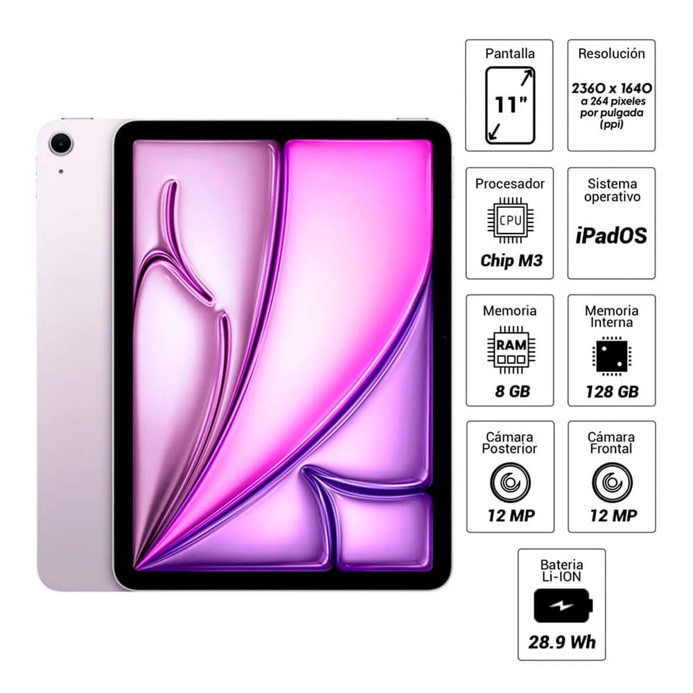 Imagen 2 del producto iPad Air 11"" 128GB, 8GB RAM, cámara principal 12MP y frontal 12MP, 28.9 Wh, Chip M3, morado + Pencil genérico