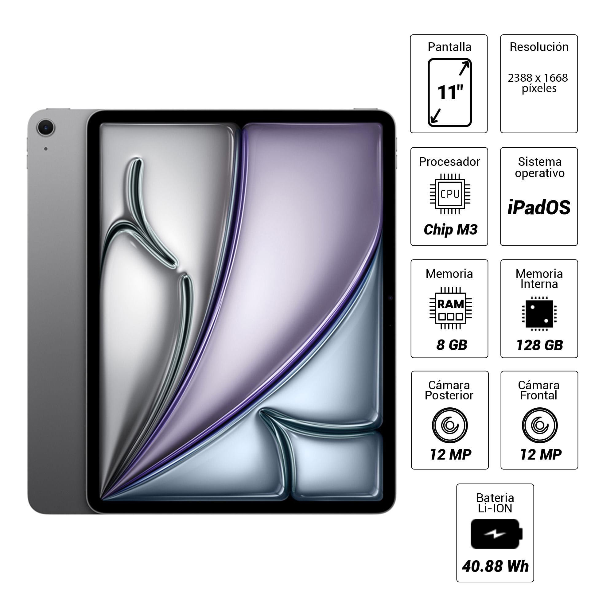 Imagen 2 del producto iPad Air 11"" 128GB, 8GB RAM, cámara principal 12MP, frontal 12MP, 28.9 Wh, Chip M3, space gray + Pencil genérico, space gray