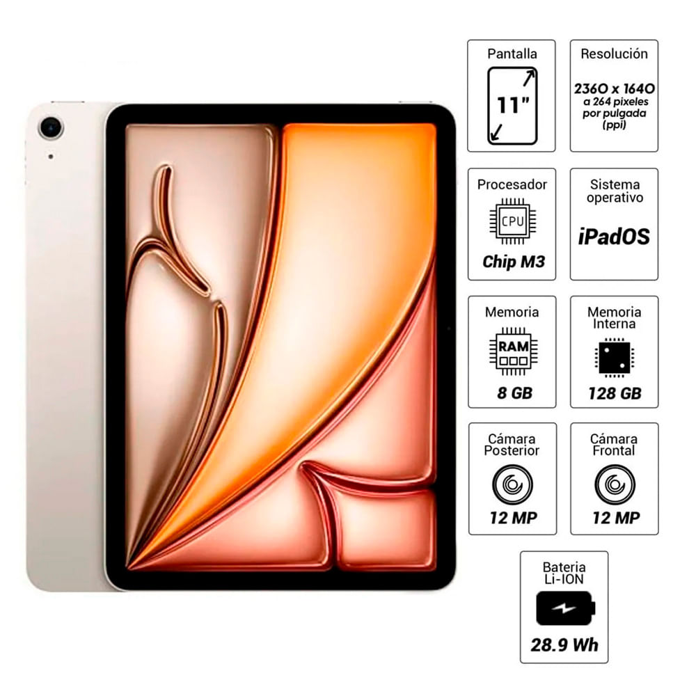 Imagen 2 del producto iPad Air 11"" 128GB, 8GB RAM, cámara principal 12MP y frontal 12MP, 28.9 Wh, starlight + Pencil genérico