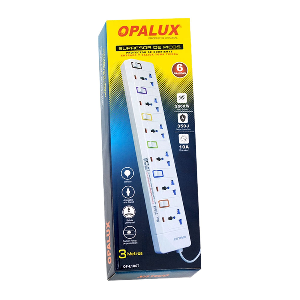 Imagen 2 del producto Supresor de pico Opalux OP-E106, 6 tomas, switch individuales, 3m (reempacado)