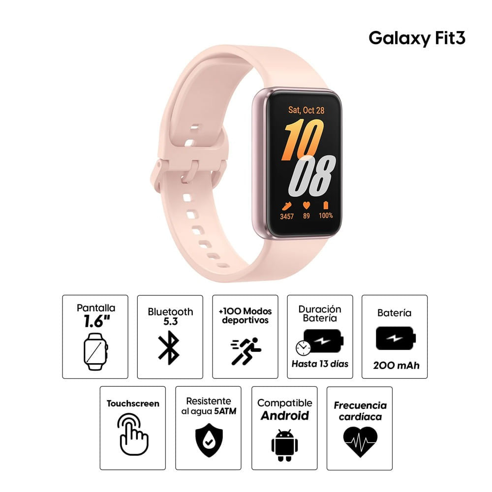 Imagen 2 del producto Smartwatch Samsung Galaxy Fit3 pantalla 1.6""/ AMOLED, resistente al agua 5ATM, batería hasta 13 horas, +100 modos deportivos, rosado (reempacado)