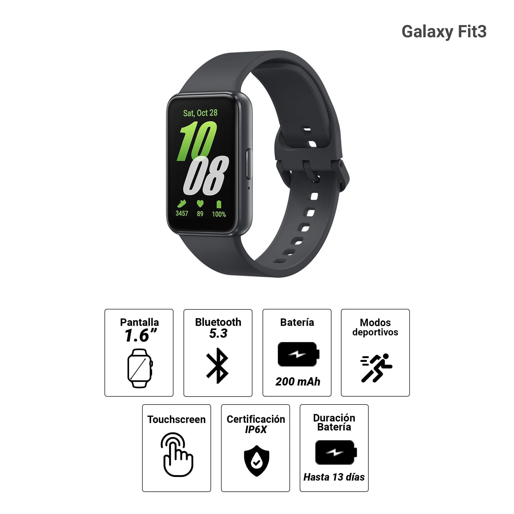 Imagen 2 del producto Smartwatch Samsung Galaxy Fit3 pantalla 1.6""/ AMOLED, resistente al agua 5ATM, batería hasta 13 horas, +100 modos deportivos, negro (reempacado)