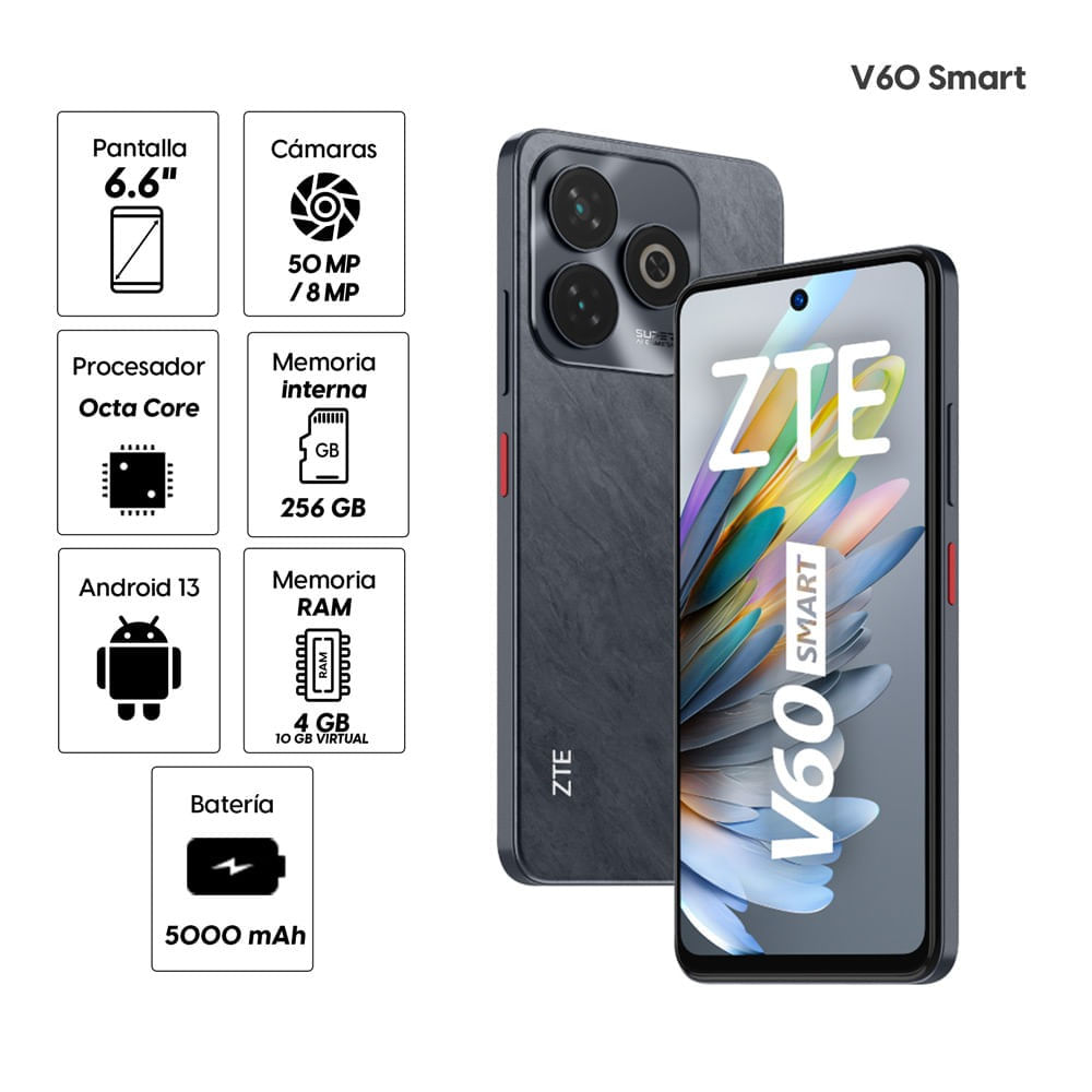 Imagen 2 del producto Celular ZTE Blade V60 Smart Z2359 4G, 256GB, 4GB RAM, cámara trasera 50MP y frontal 8MP, 6.6"", negro (reempacado)