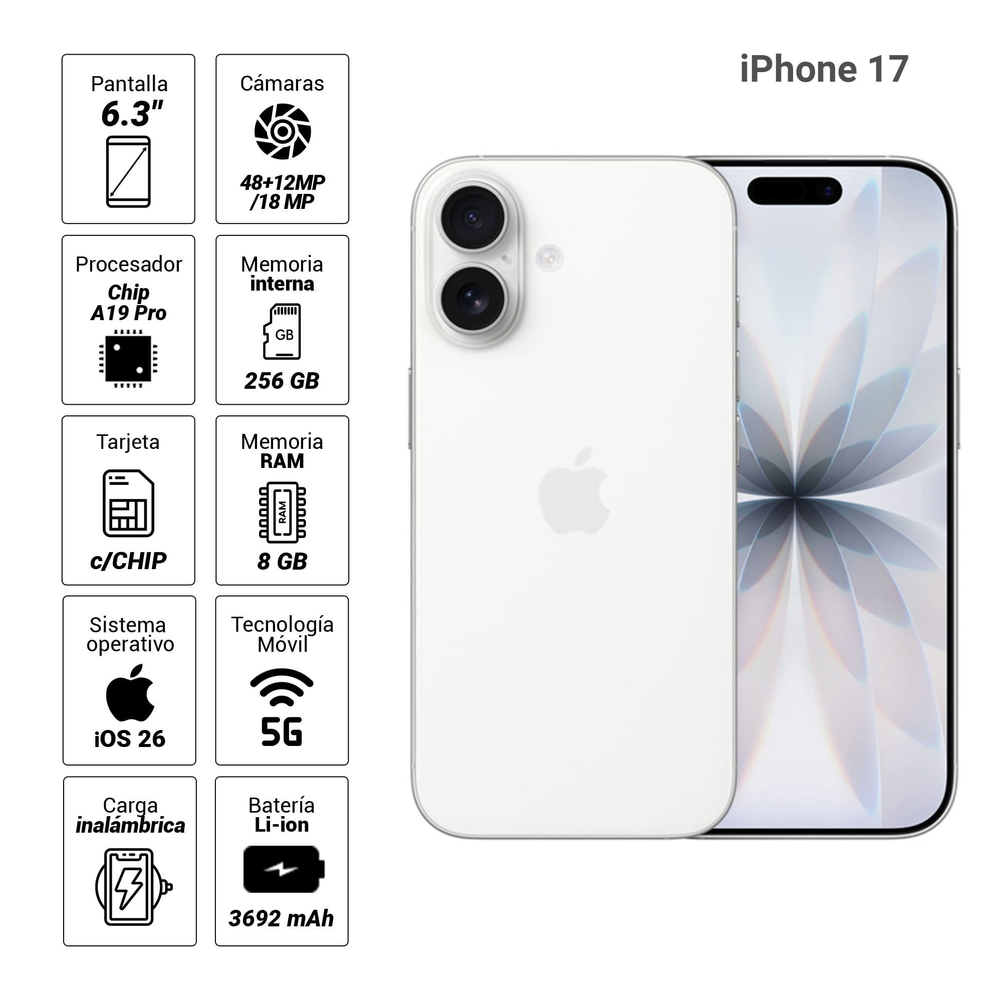 Imagen 2 del producto iPhone 17 5G 256GB, 8GB RAM, cámara trasera 48MP, frontal 18MP, 6.3"", blanco