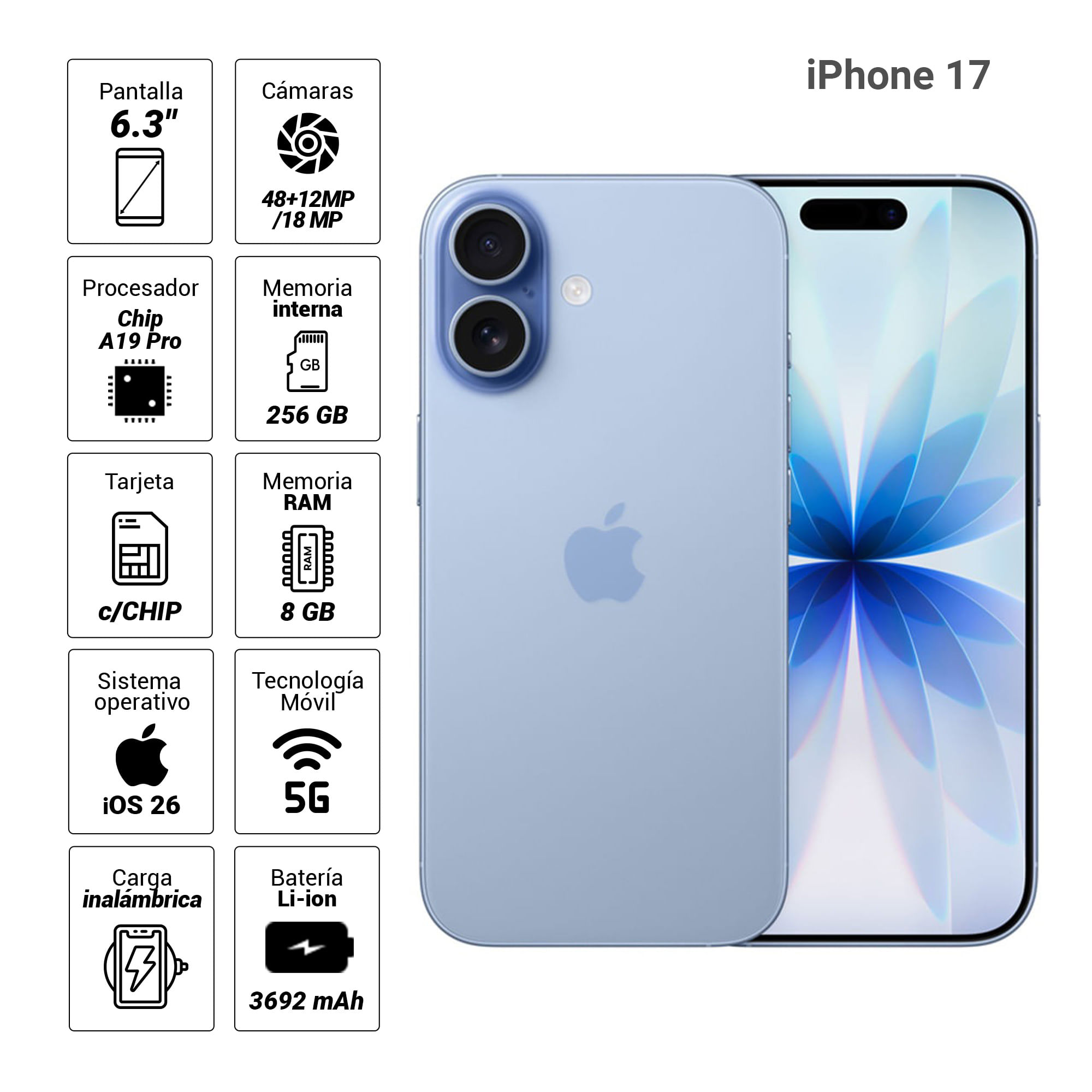 Imagen 2 del producto iPhone 17 5G 256GB, 8GB RAM, cámara trasera 48MP, frontal 18MP, 6.3"", azul