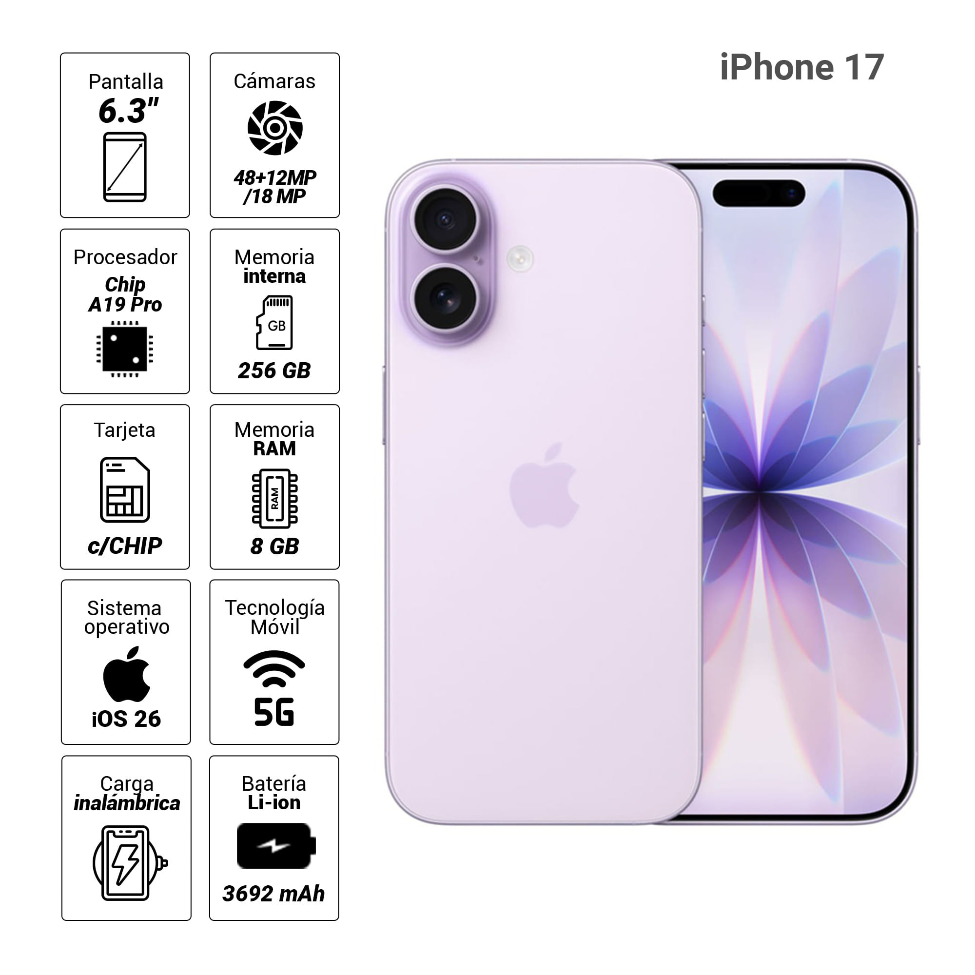 Imagen 2 del producto iPhone 17 5G 256GB, 8GB RAM, cámara trasera 48MP, frontal 18MP, 6.3"", lavanda