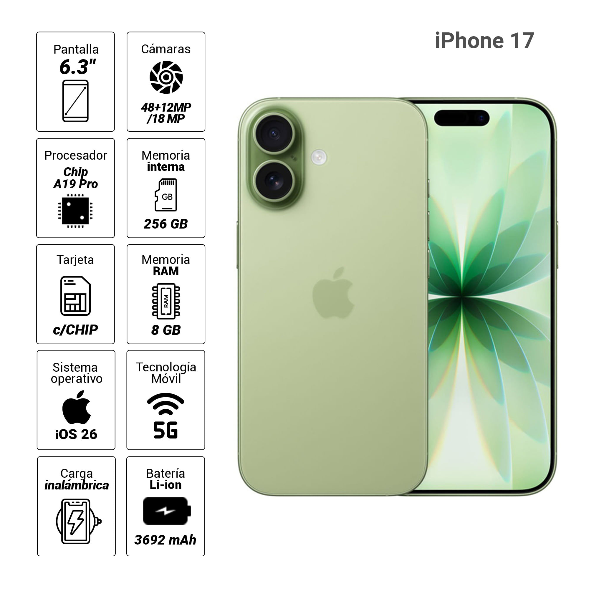 Imagen 2 del producto iPhone 17 5G 256GB, 8GB RAM, cámara trasera 48MP, frontal 18MP, 6.3"", verde
