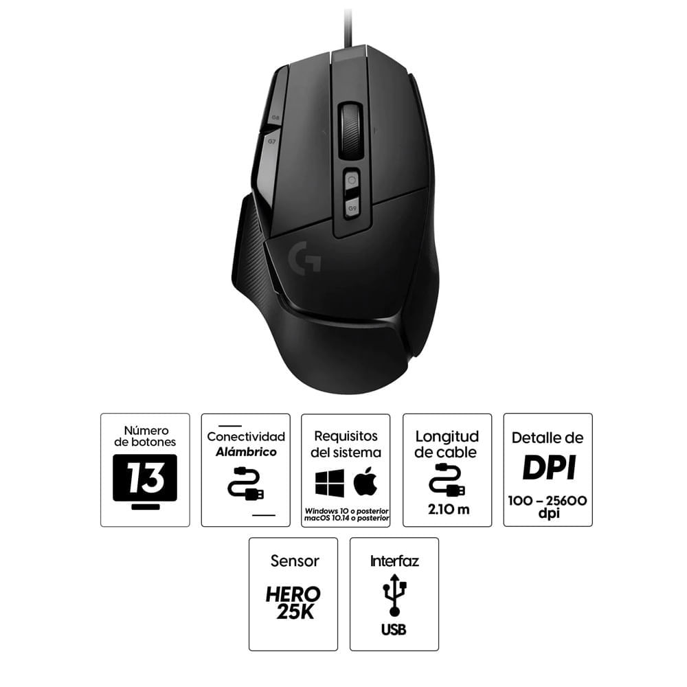Imagen 2 del producto Reacondicionado: Mouse gamer alámbrico Logitech G502 X Hero, conexión usb, 25000 dpi, 13 botones, negro