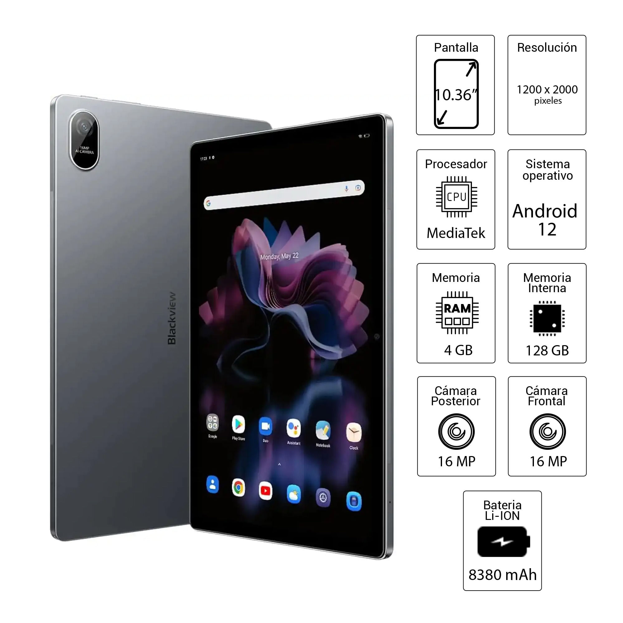 Imagen 2 del producto Tablet Blackview Tab 11 (2025) 10.36"" 128GB, 4GB RAM, cámara principal 16MP y frontal 16MP, 8380 mAh, cámara 16MP, gris