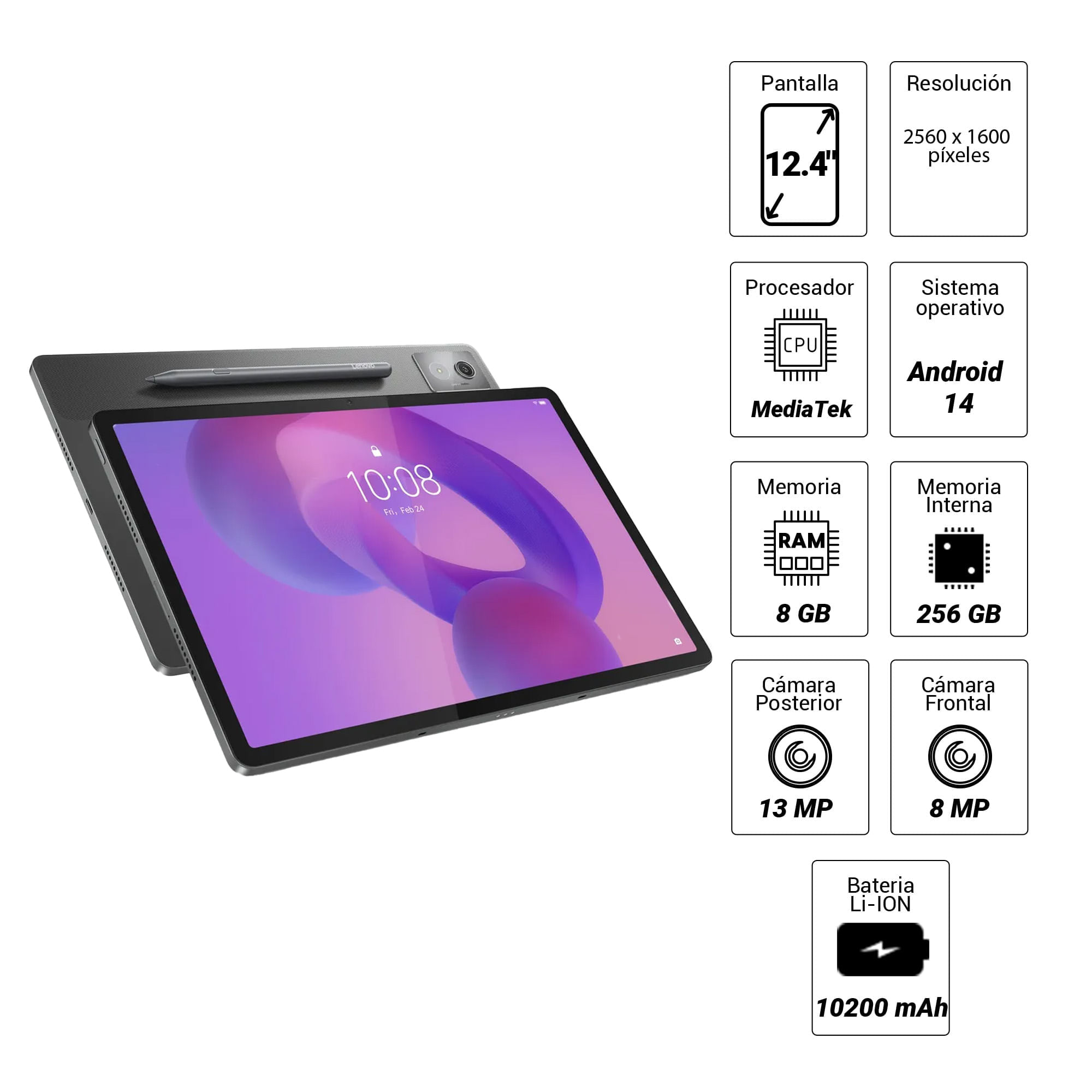 Imagen 2 del producto Tablet Lenovo Idea Tab Pro 12.4"" 256GB, 8GB RAM , cámara principal 13MP y frontal 8MP, 10200 mAh, gris + Teclado + Lápiz + Audífonos