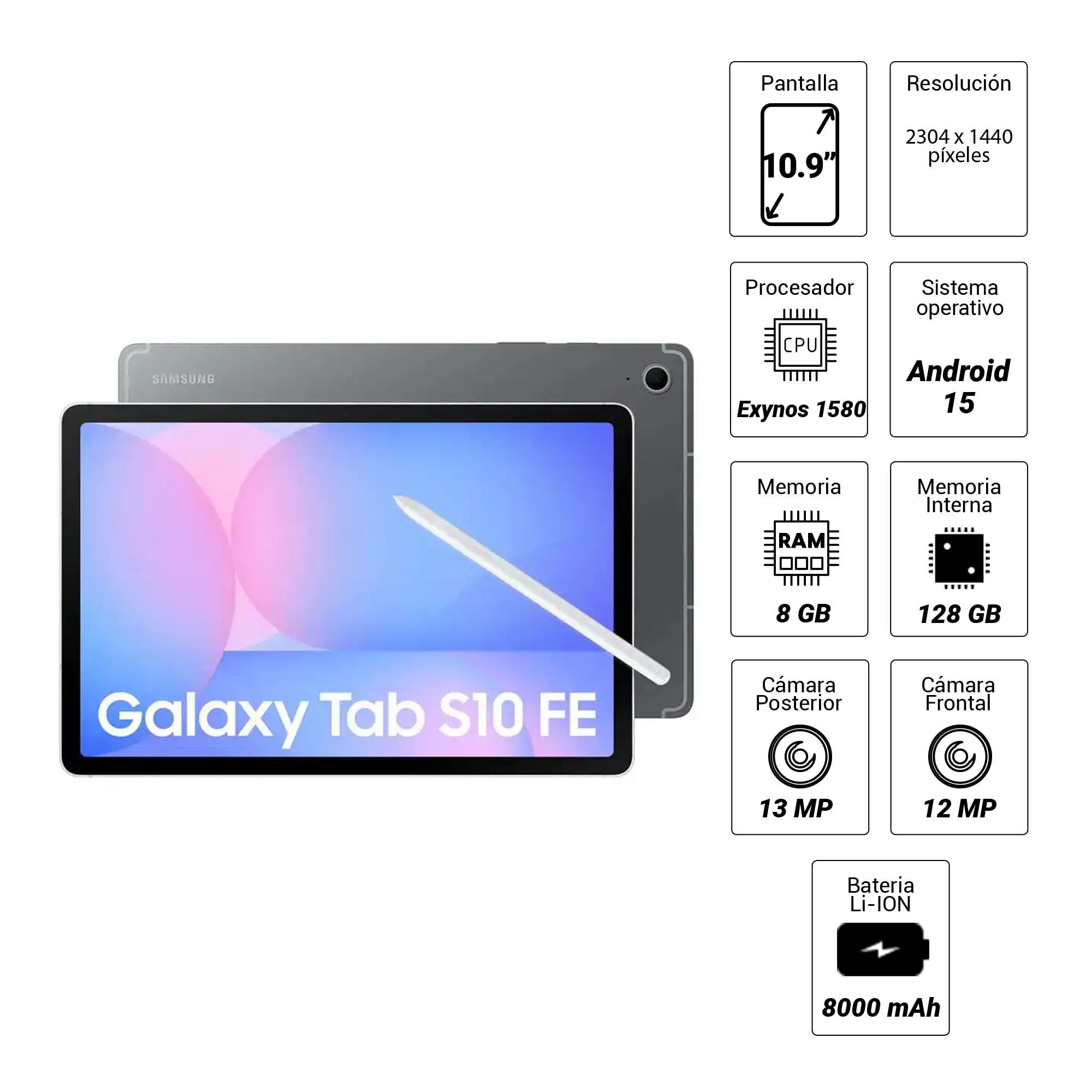 Imagen 2 del producto Tablet Samsung Tab S10 FE 10.9"" 128GB, 8GB RAM, cámara principal 13MP y frontal 12MP, 8000mAh, Exynos 1580, gris