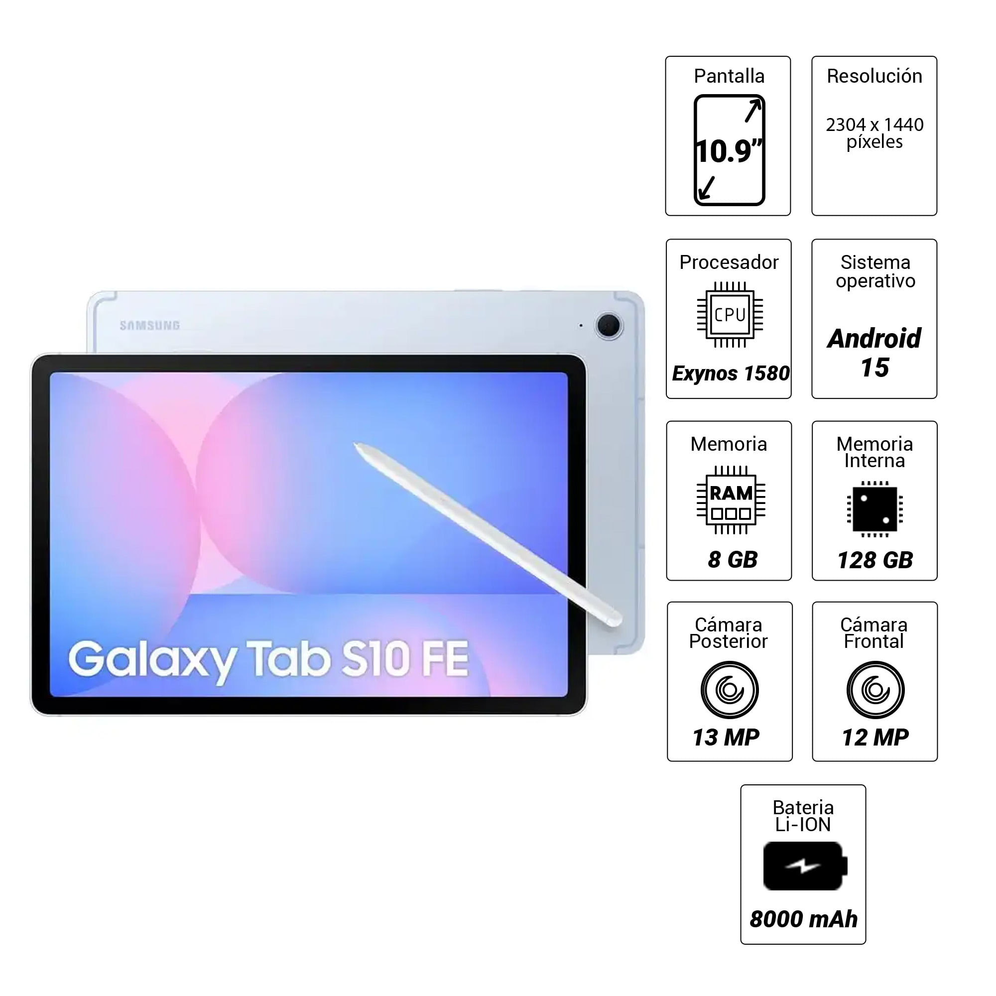 Imagen 2 del producto Tablet Samsung Tab S10 FE 10.9"" 128GB, 8GB RAM, cámara principal 13MP y frontal 12MP, 8000mAh, Exynos 1580, azul