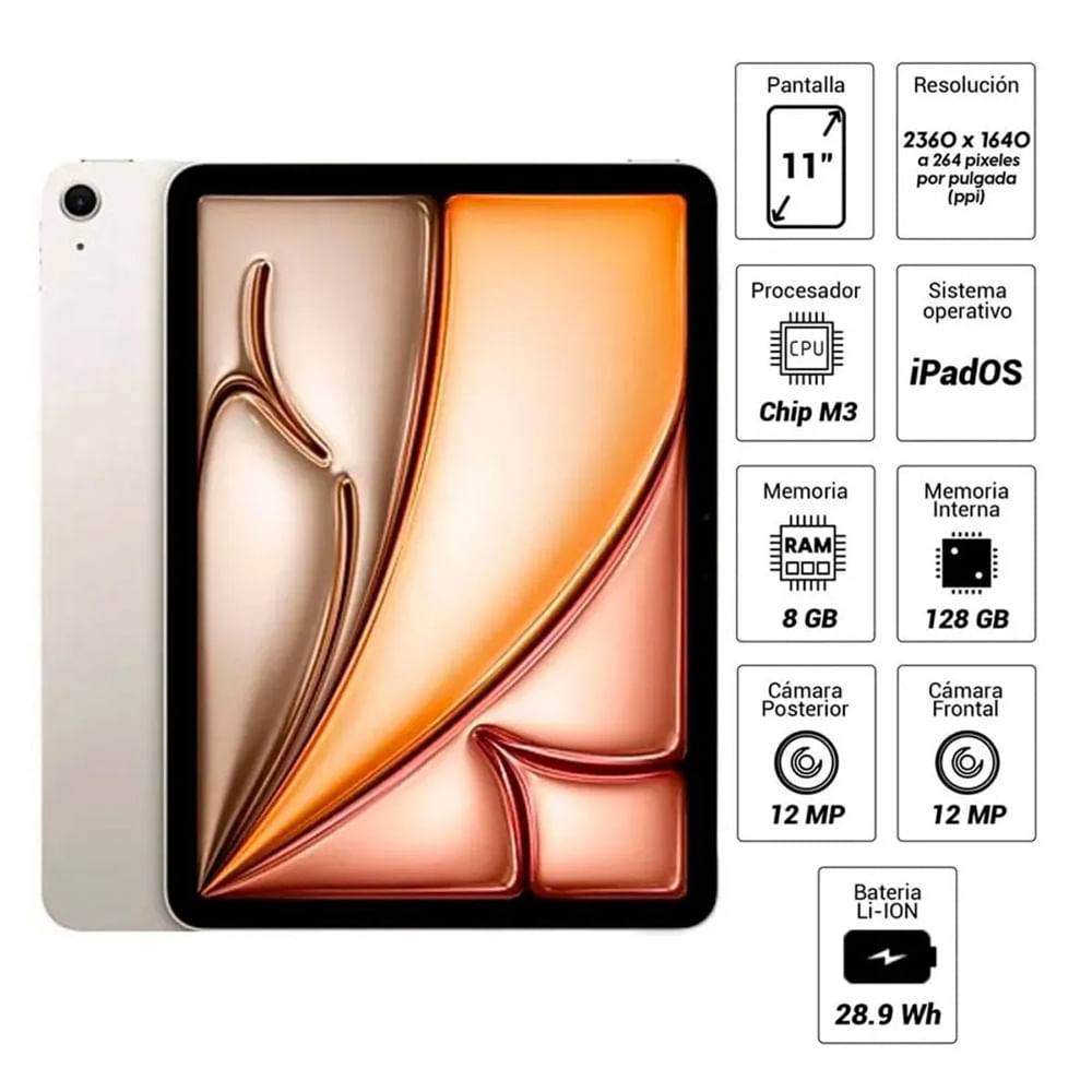 Imagen 2 del producto iPad Air 11"" 128GB, 8GB RAM, cámara principal 12MP y frontal 12MP, 28.9 Wh, Chip M3, starlight + Pencil Pro