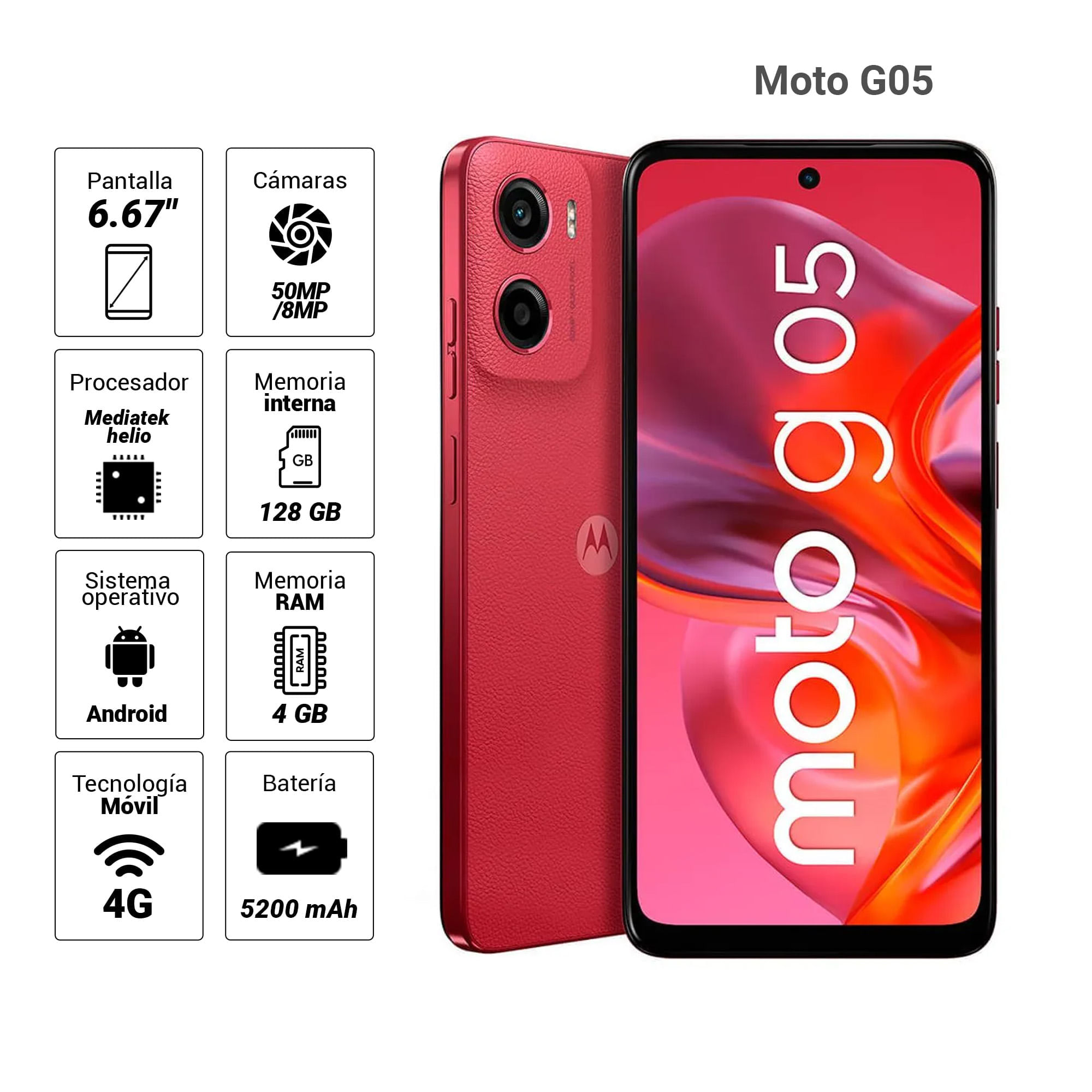 Imagen 2 del producto Celular Motorola Moto G05 4G 128GB, 4GB RAM, cámara trasera 50MP y frontal 8MP, 6.67"", rojo