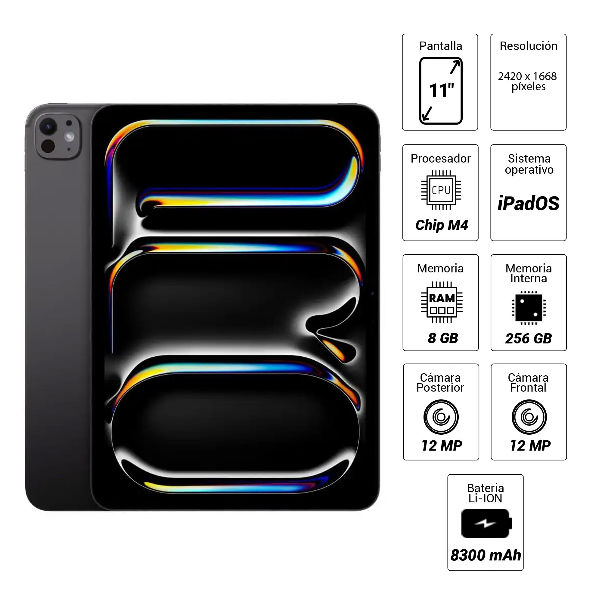Imagen 2 del producto iPad Pro 11"" 256GB, 8GB RAM, cámara principal 12MP y frontal 12MP, Chip M4, space black + Apple Pencil Pro