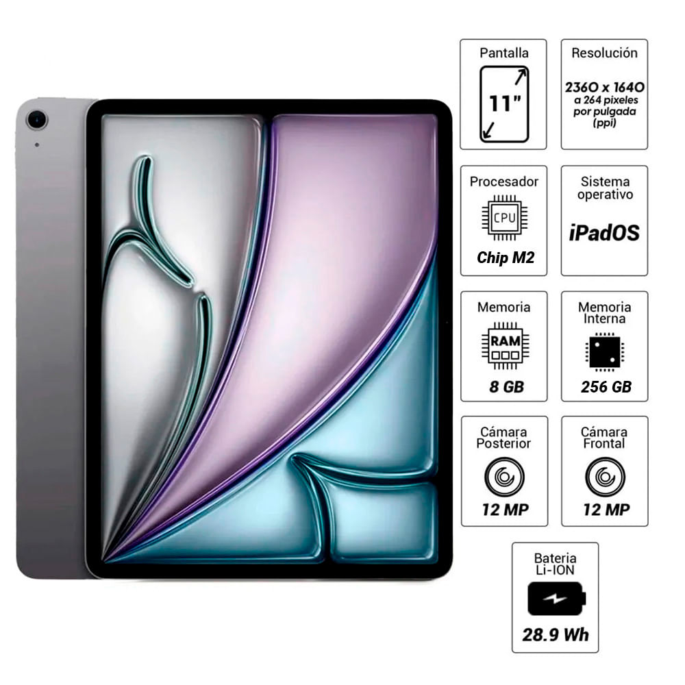 Imagen 2 del producto iPad Air 11"", 256GB, 8GB RAM, cámara principal 12MP y frontal 12MP, 28.6Wh, Chip M2, gris espacial