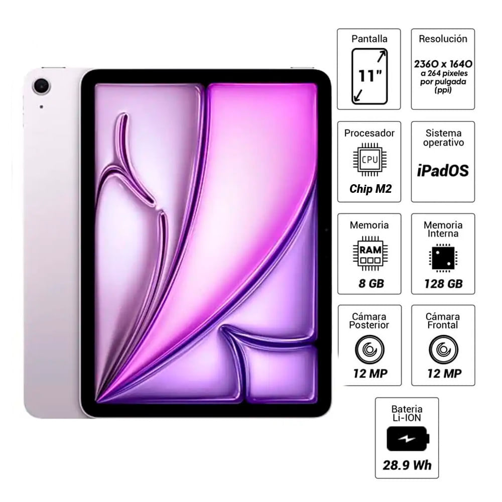 Imagen 2 del producto iPad Air 11"" 128GB, 8GB RAM, cámara principal 12MP y frontal 12MP, 28.6Wh, Chip M2, morado + Apple Pencil Pro