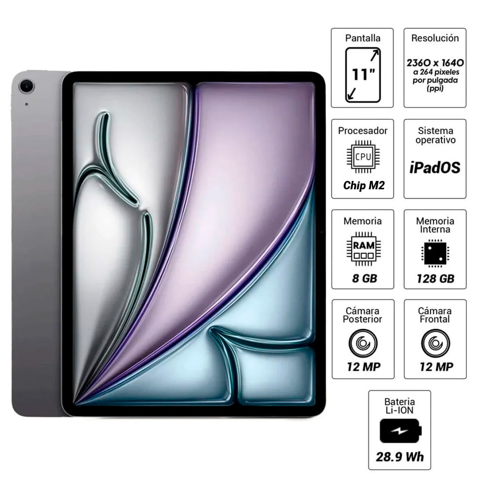 Imagen 2 del producto iPad Air 11"" Wi-Fi, 128GB, 8GB RAM, cámara principal 12MP y frontal 12MP, Chip M2, 28.6Wh, gris espacial