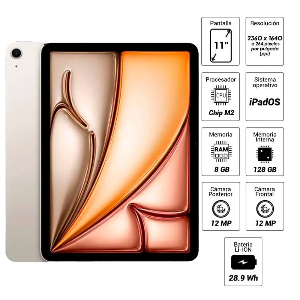 Imagen 2 del producto iPad Air 11"" 128GB, 8GB RAM, cámara principal 12MP y frontal 12MP, 28.6Wh, Chip M2, starlight + Apple Pencil Pro