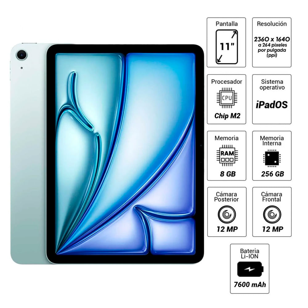 Imagen 2 del producto iPad Air 11"" 256GB, 8GB RAM, cámara principal 12MP y frontal 12MP, 28.6Wh, Chip M2, azul + Apple Pencil USB Tipo-C