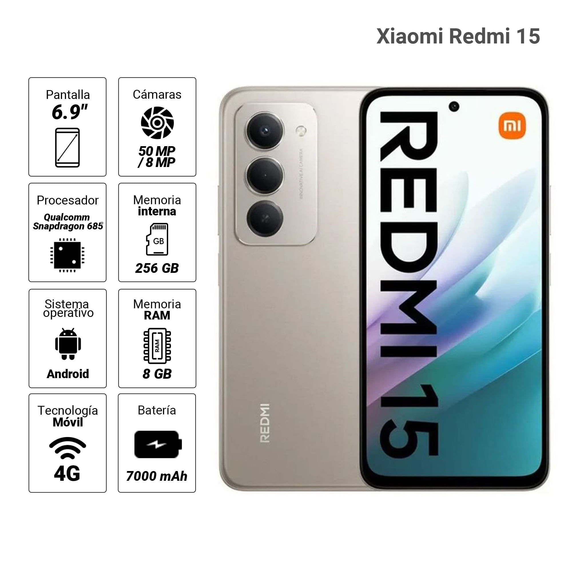 Imagen 2 del producto Celular Xiaomi Redmi 15 4G 256GB, 8GB RAM, cámara trasera 50MP y frontal 8MP, 6.9"", gris