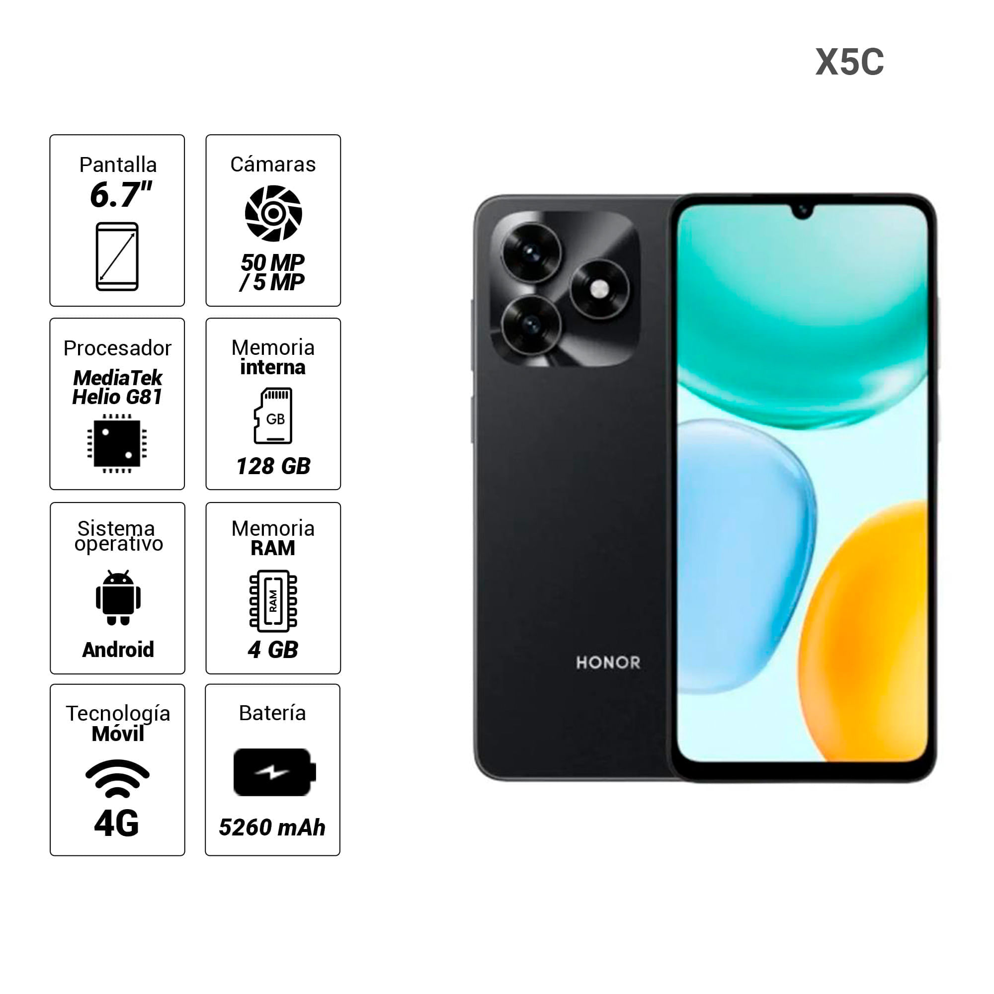 Imagen 2 del producto Celular Honor X5C 4G, 128GB, 4GB RAM, cámara trasera 50MP y frontal 5MP, 6.6"", negro