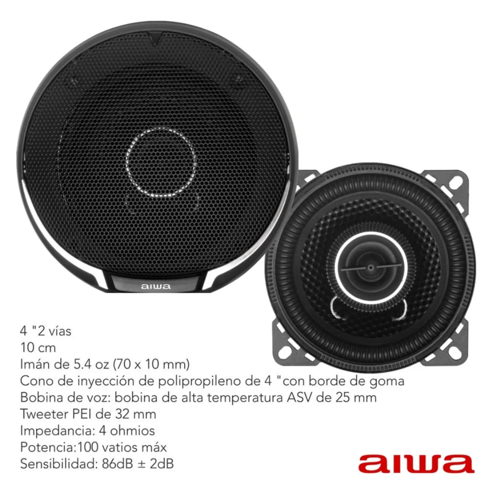 Imagen 2 del producto Parlantes para auto Aiwa 100W, redondos, 10 cm, 2 vías, negro - Taw-1022