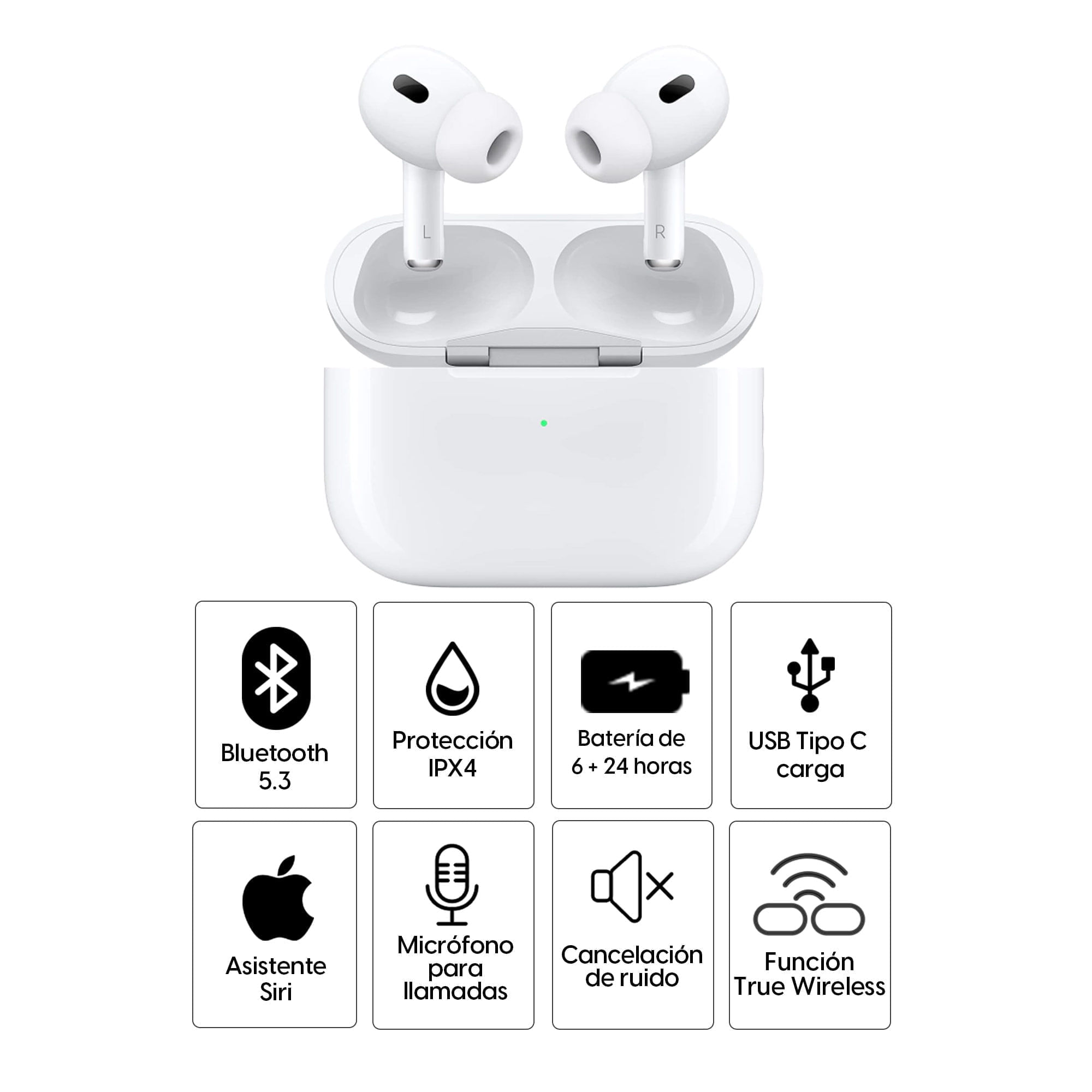 Imagen 2 del producto AirPods Pro 2da Gen cancelación de ruido, resistente al agua IPX4, duración máx. 30 horas con estuche de carga, blanco