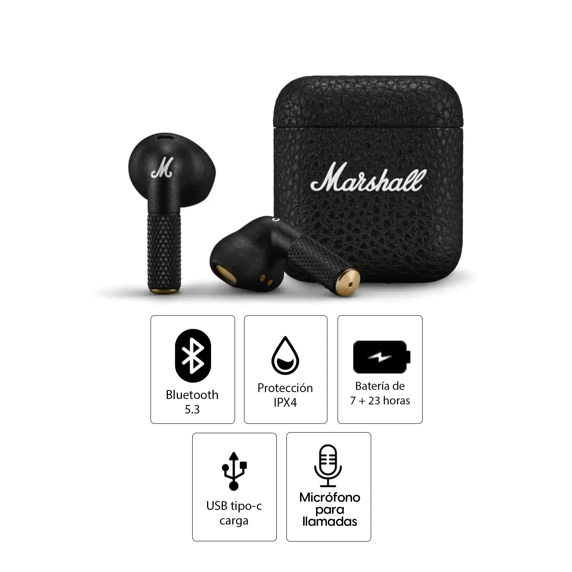 Imagen 2 del producto Audífonos bluetooth Marshall Minor IV In-Ear, resistente IPX4, duración máx. 30 horas con estuche de carga, negro