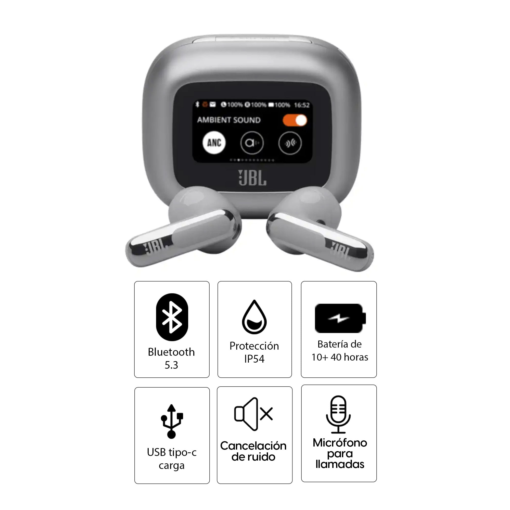 Imagen 2 del producto Audífonos bluetooth True Wireless JBL Live Flex 3 duración máx. 50 horas con estuche, cancelación de ruido, Smart Case, plateado
