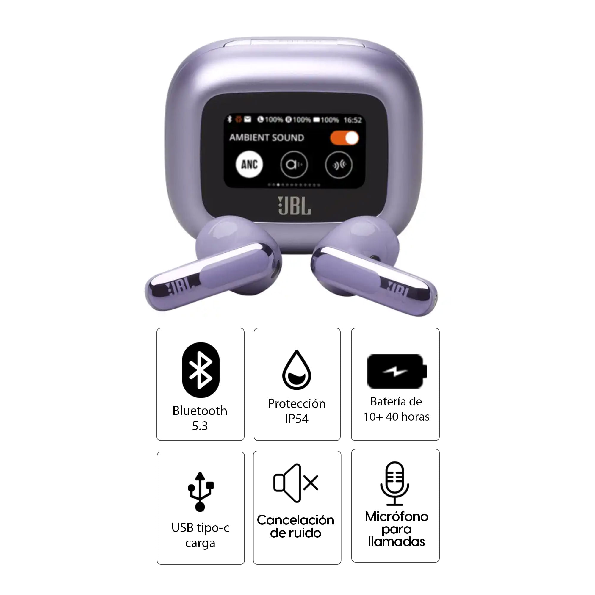 Imagen 2 del producto Audífonos bluetooth True Wireless JBL Live Flex 3 duración máx. 50 horas con estuche, cancelación de ruido, Smart Case, lila