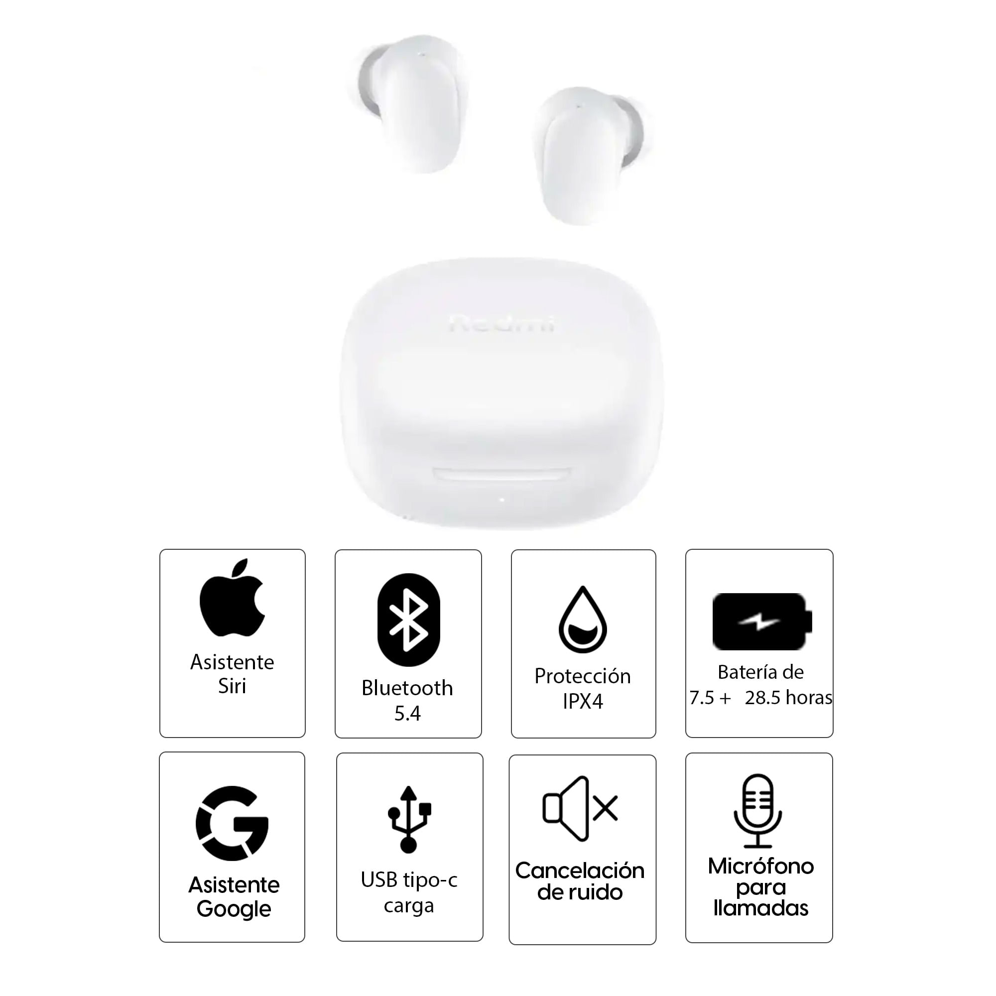 Imagen 2 del producto Audífonos bluetooth True Wireless Xiaomi Redmi Buds 6 Play resistente al agua IPX4, duración hasta 36 horas con estuche, blanco