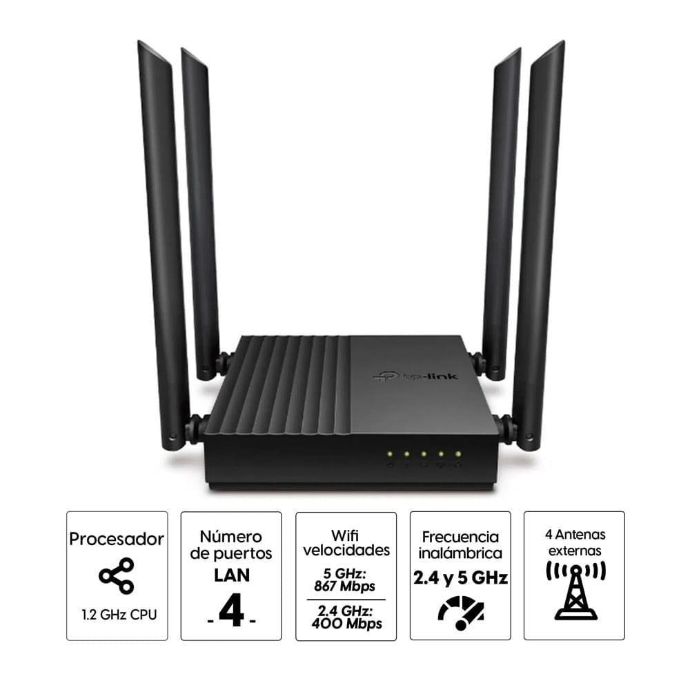Imagen 2 del producto Reacondicionado: Router TP-Link Archer C64 Gigabit MU-MIMO, doble banda, 400Mbps en 2.4GHz y 867Mbps en 5GHz, 4 antenas fijas,negro