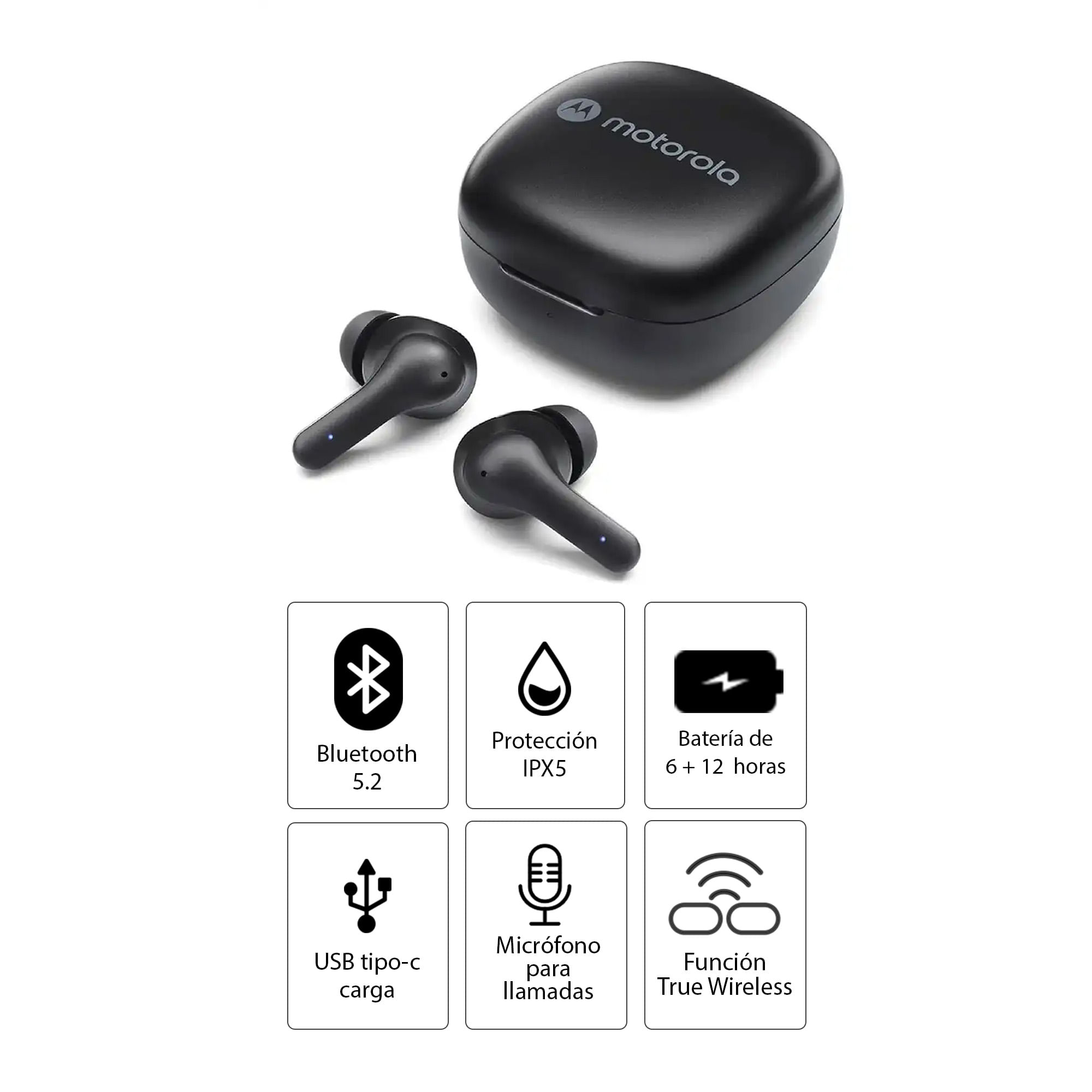 Imagen 2 del producto Audífonos bluetooth True Wireless Motorola Moto Buds 135 resistente IPX5, duración máx. 18 horas con estuche, negro