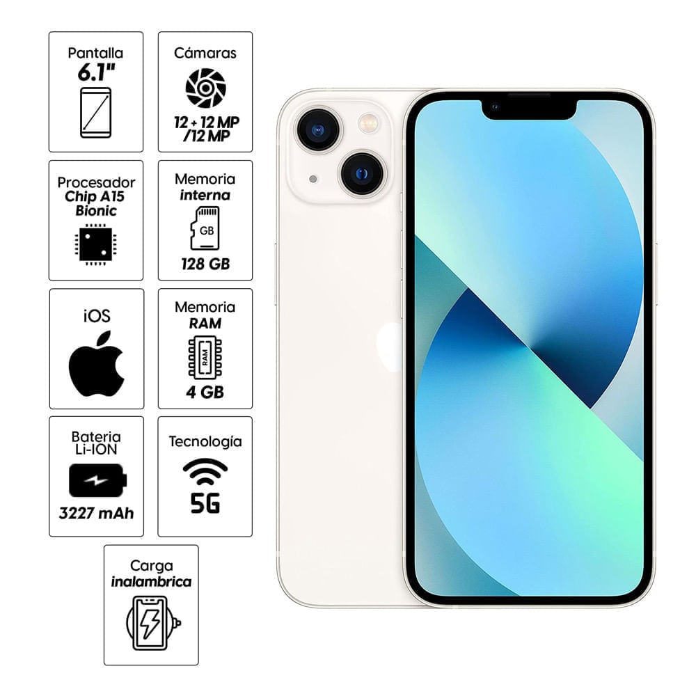 Imagen 2 del producto Reacondicionado: iPhone 13 128GB, 4GB RAM, cámara trasera 12MP y frontal 12MP, 6.1"", blanco