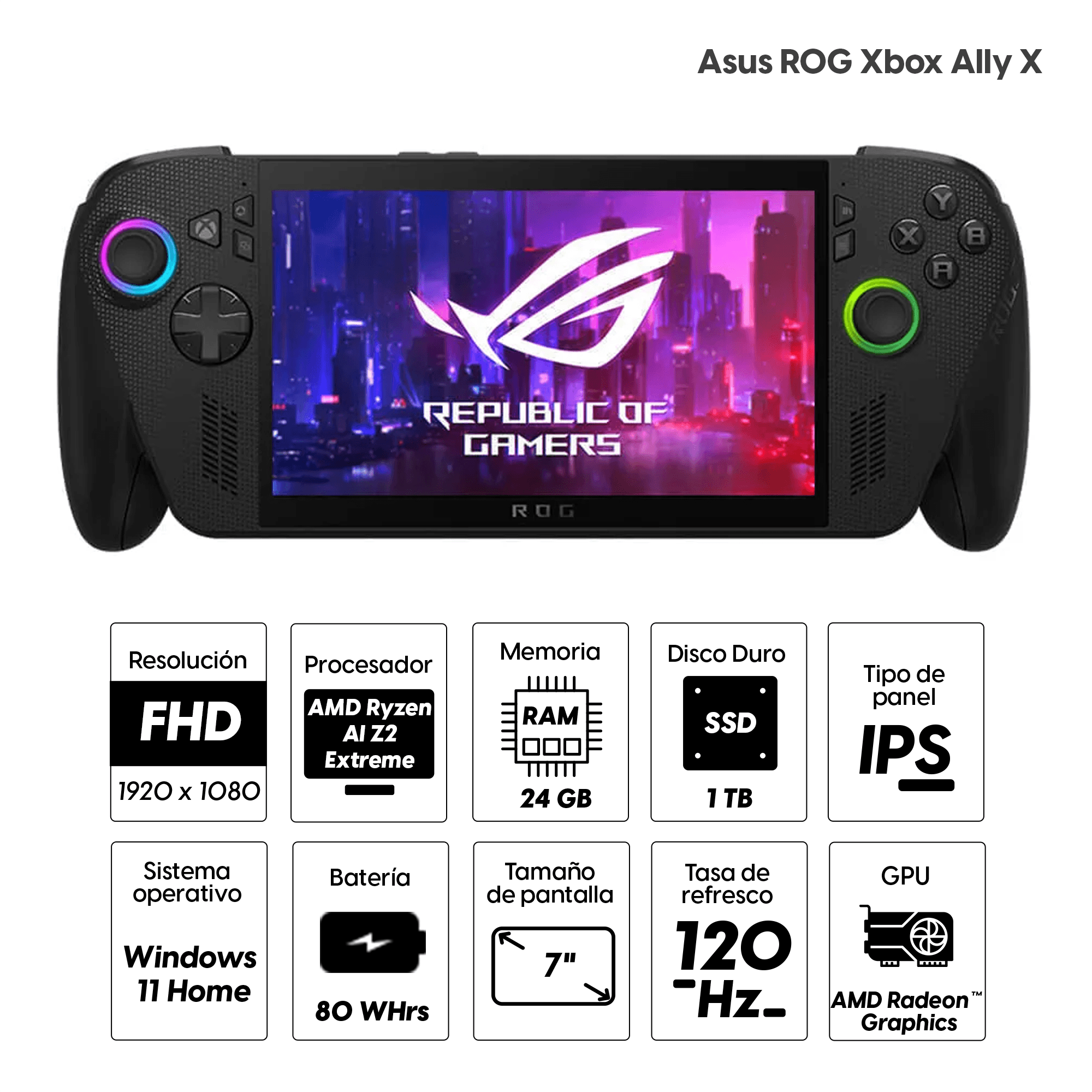 Imagen 2 del producto Consola portátil Asus ROG Xbox Ally X 2025 7"" AMD Ryzen AI Z2 Extreme, 1TB SSD, 24GB RAM, 120Hz, Win11, negro + 3 meses Xbox Game Pass