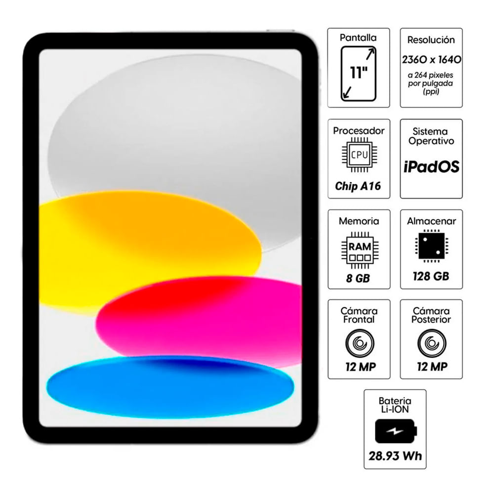 Imagen 2 del producto iPad 11"" (2025) 128GB, 6GB RAM, cámara principal 12MP y frontal 12MP, 28.93 Wh, Chip A16 Bionic, silver