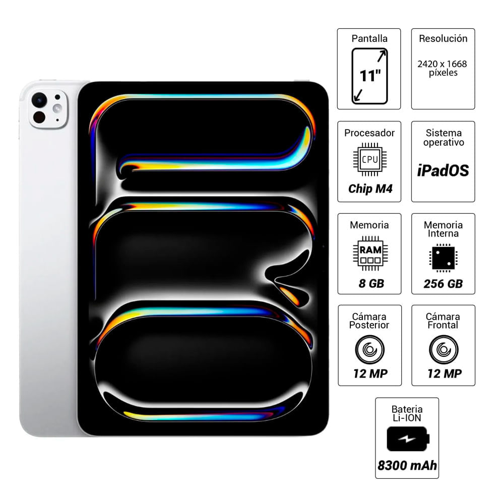 Imagen 2 del producto iPad Pro 11"" 256GB, 8GB RAM, cámara principal 12MP y frontal 12MP, Chip M4, plateado + Apple Pencil Pro
