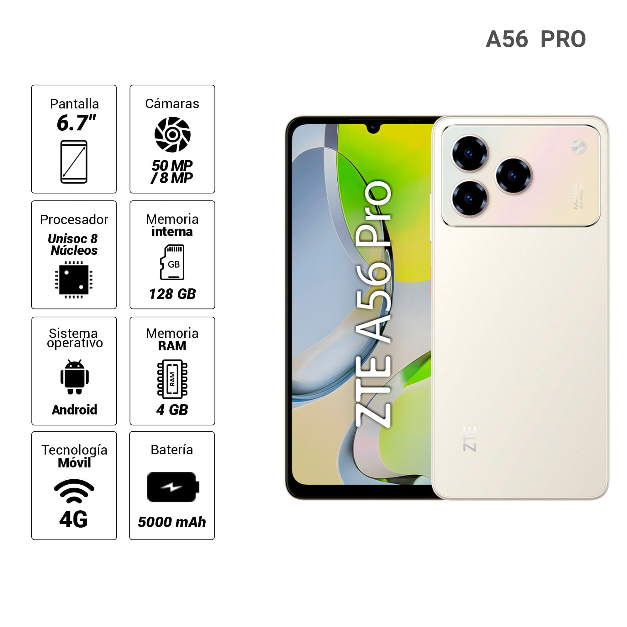Imagen 2 del producto Celular ZTE A56 Pro 4G 128GB, 4GB RAM, cámara trasera 50MP y frontal, 6.75"", dorado
