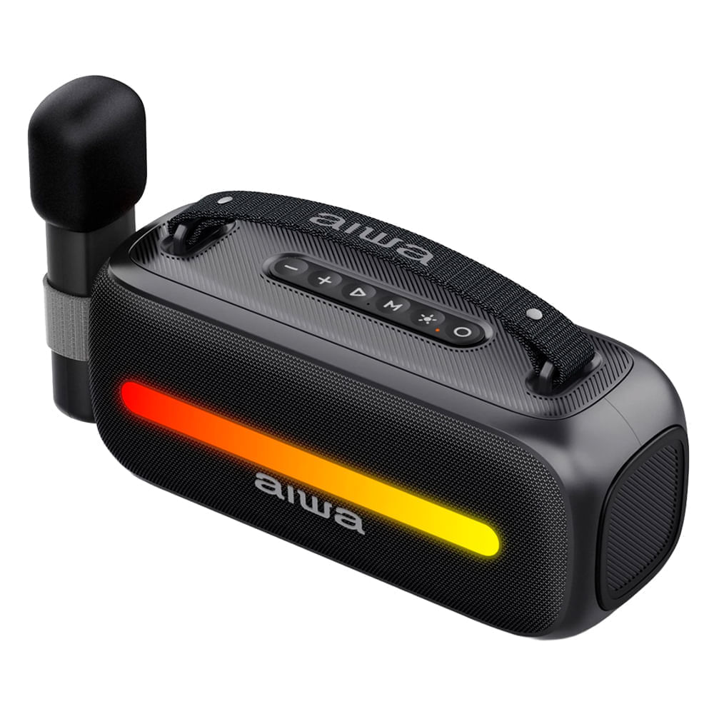 Parlante bluetooth portátil Aiwa 12W con karaoke, Radio FM, iluminación led, batería recargable 3 horas, negro