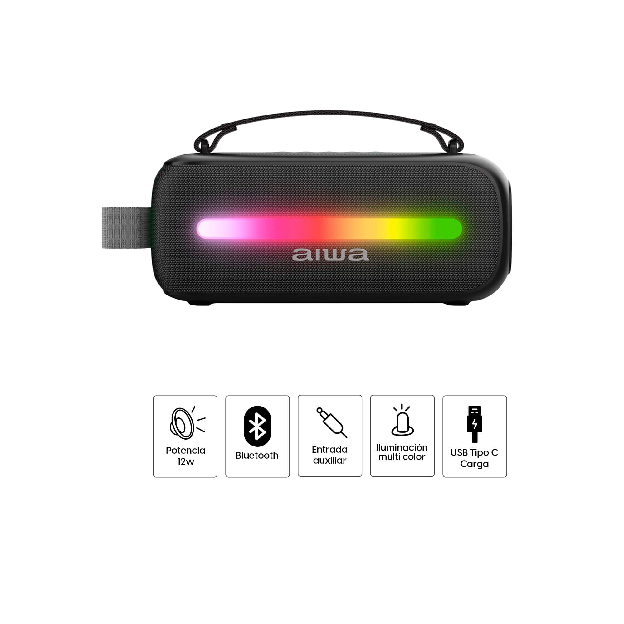 Imagen 2 del producto Parlante bluetooth portátil Aiwa 12W con karaoke, Radio FM, iluminación led, batería recargable 3 horas, negro