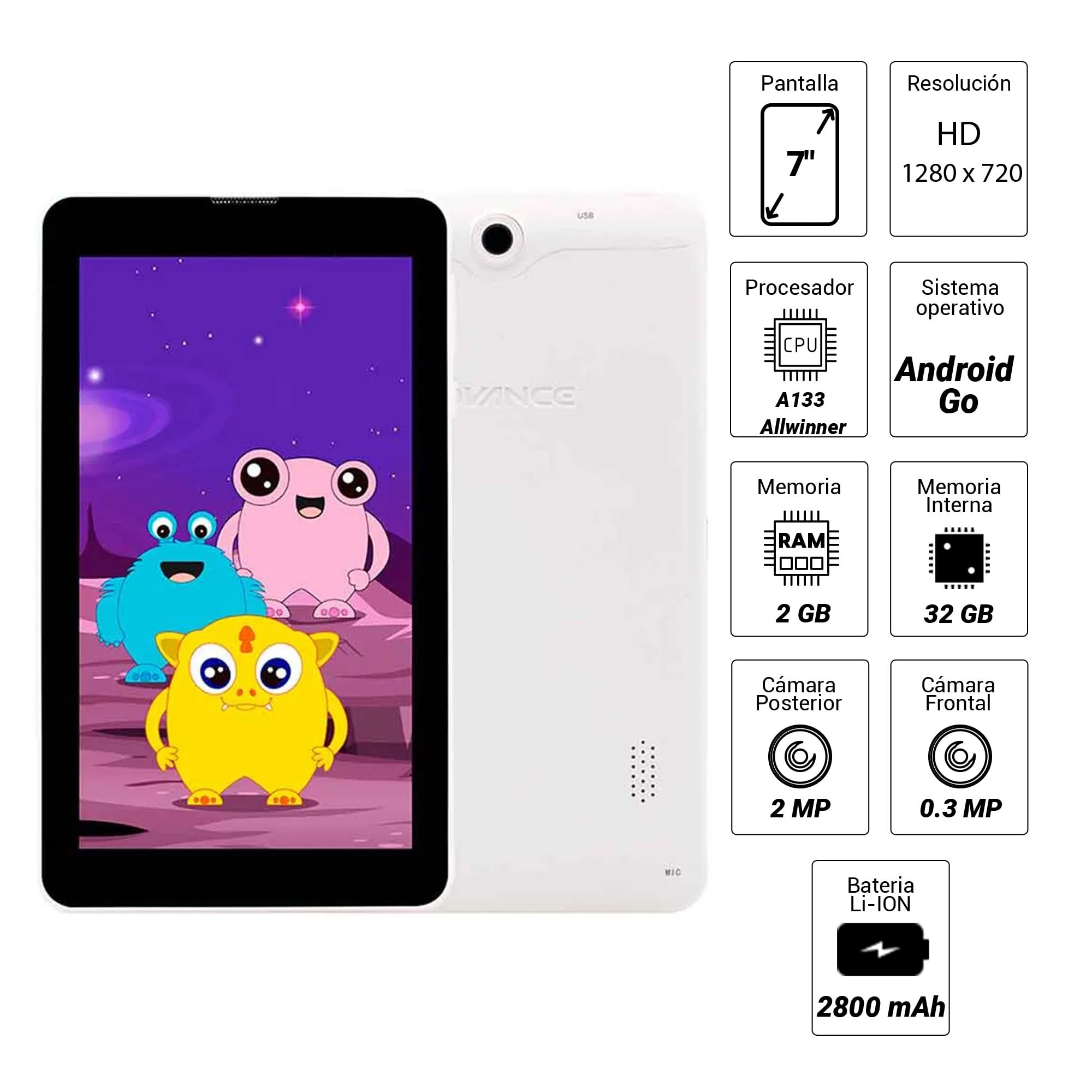 Imagen 2 del producto Tablet para niños Advance TR6965, 7"", Android 12 Go, 32GB, 2GB RAM, 2800 mAh + protector Monster, roja