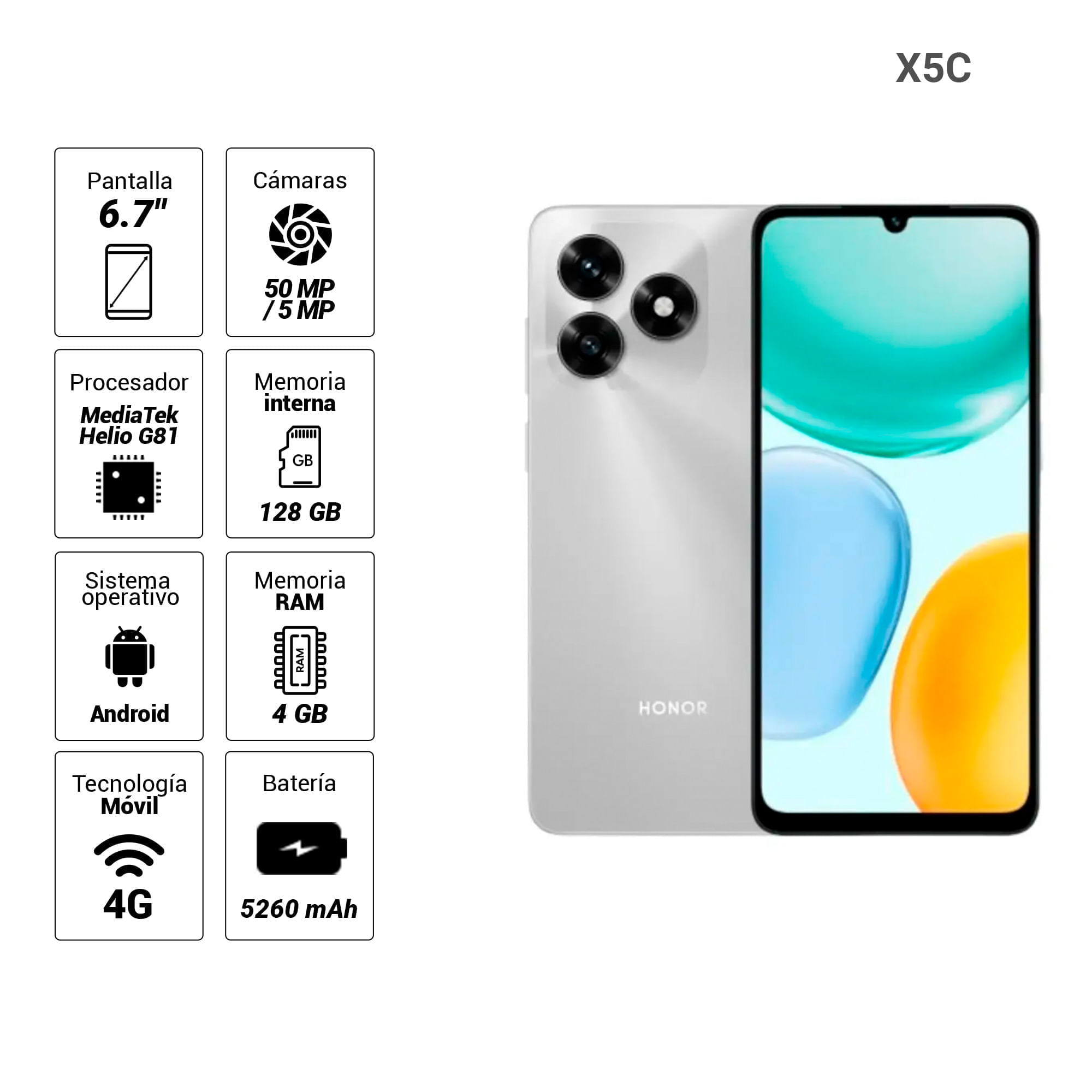 Imagen 2 del producto Celular Honor X5C 4G, 128GB, 4GB RAM, cámara trasera 50MP y frontal 5MP, 6.6"", plateado