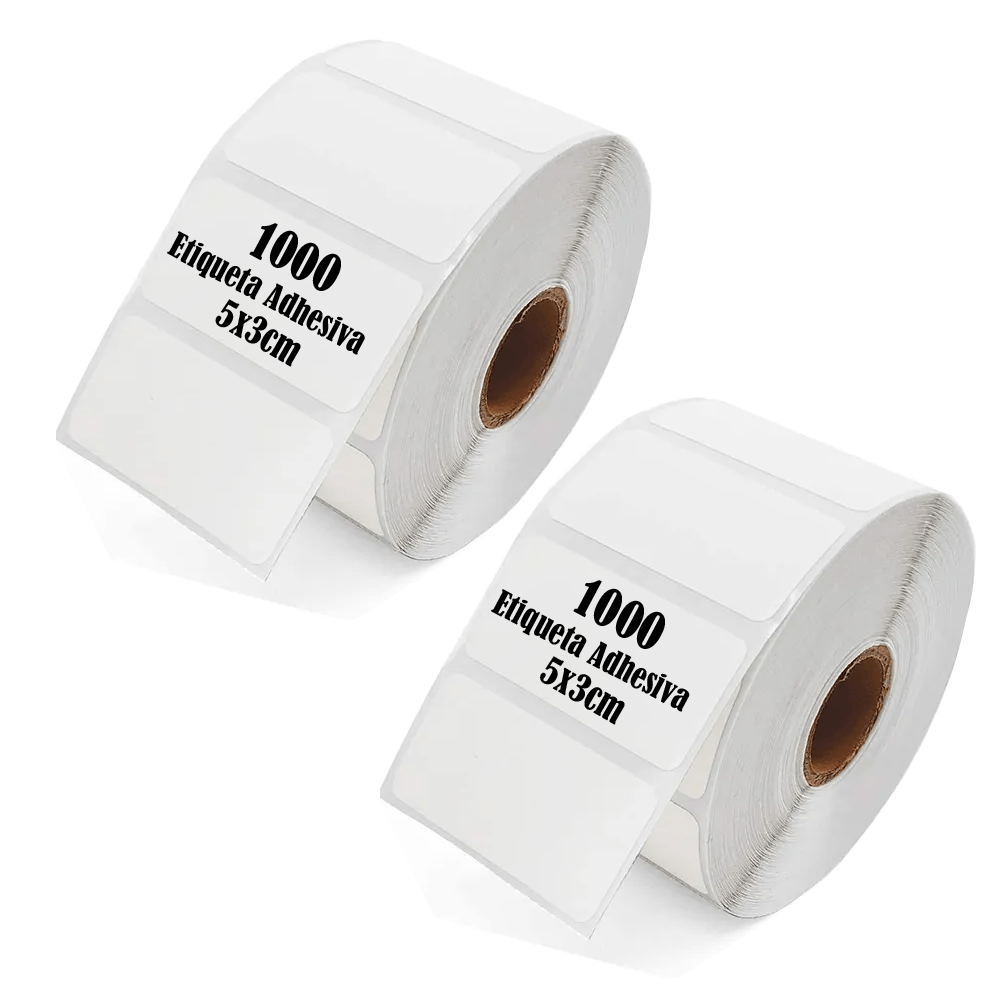 Etiqueta térmica adhesiva 5x3cm, pack 2 rollos, 1000 etiquetas cada uno, blanco