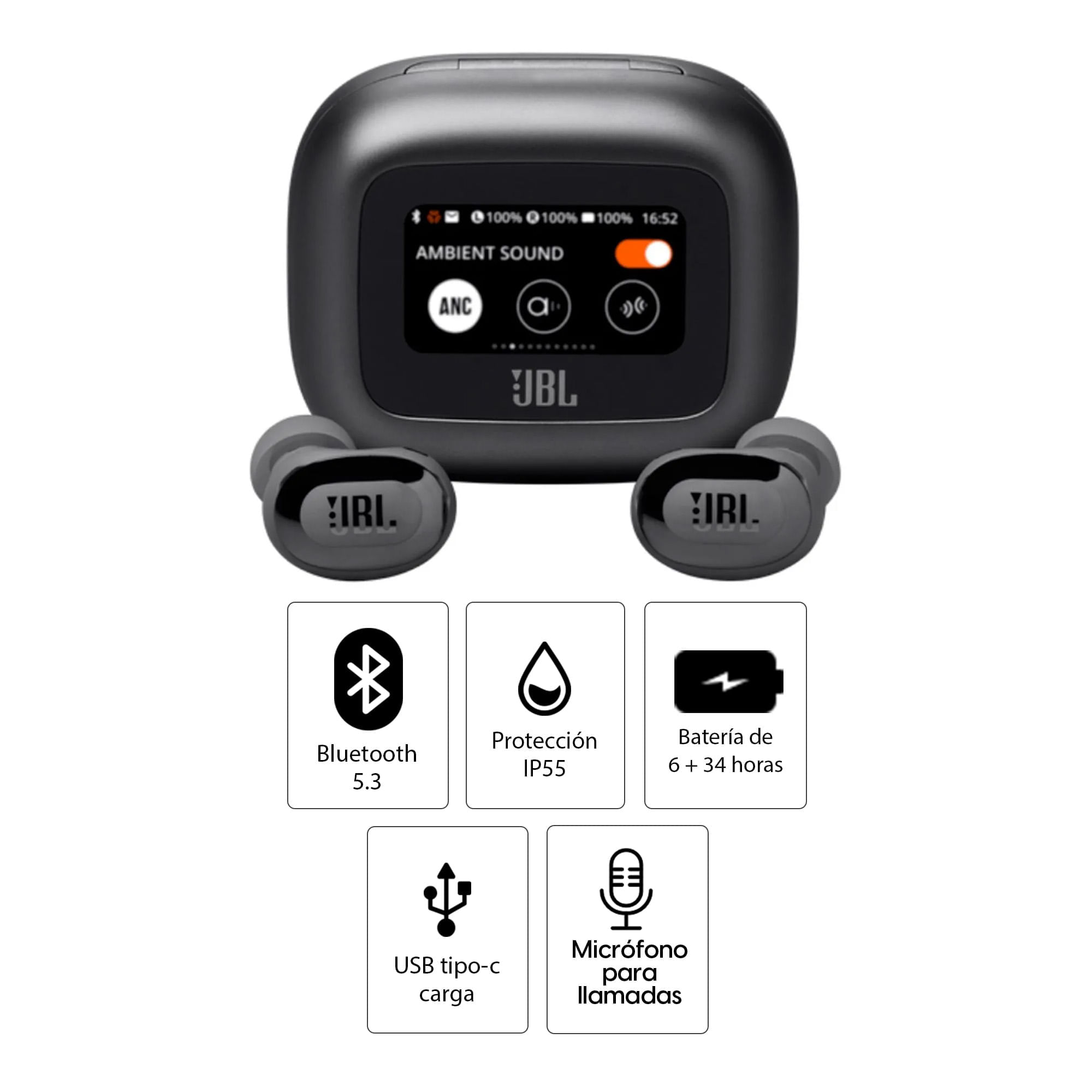 Imagen 2 del producto Audífonos bluetooth True Wireless JBL Live Buds 3 resistente al agua IP55, duración máx. 40 horas con estuche, cancelación de ruido, negro