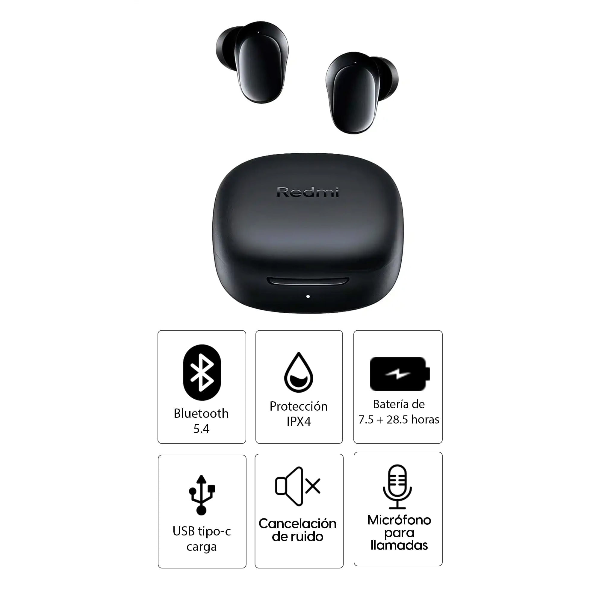 Imagen 2 del producto Audífonos bluetooth True Wireless Xiaomi Redmi Buds 6 Play, cancelación de ruido, resistente al agua IPX4, duración máx. 36 horas con estuche, negro