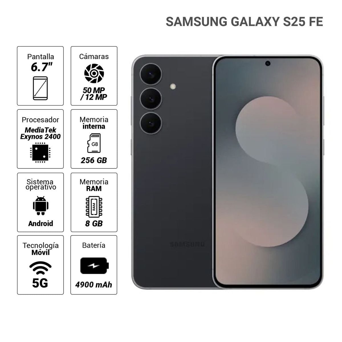 Imagen 2 del producto Celular Samsung S25 FE 5G 256GB, 8GB RAM, cámara trasera 50MP y frontal 12MP, 6.7"", negro